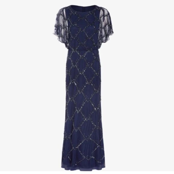 NWT Adrianna Papell | Hand Beaded Blouson Long Gown Flutter Sleeves Navy Blue 2 - Picture 3 of 8